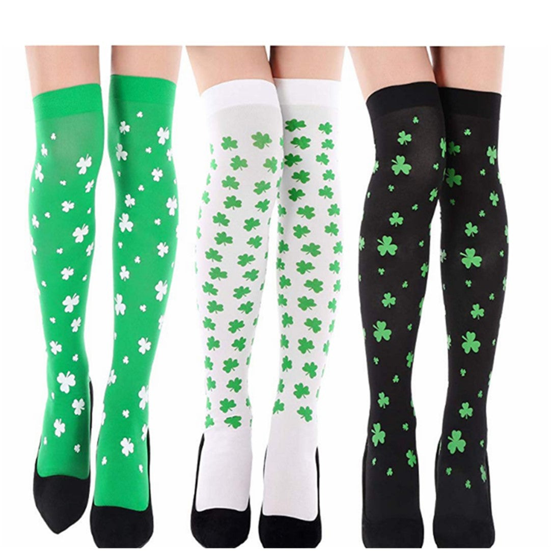 Irish Festival Green Trefoil Stockings Over the Knee Socks St Patrick's Day Party Striped Socks - Korvel