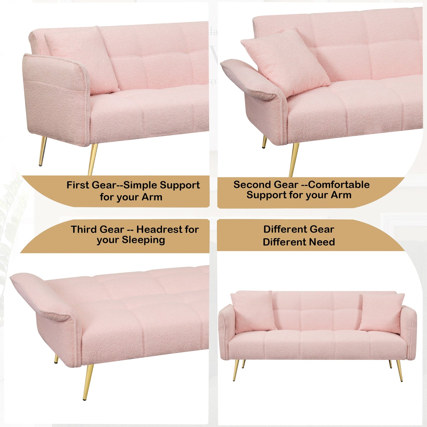 Sofá Futón Convertible de Terciopelo Rosa de 70 Pulgadas