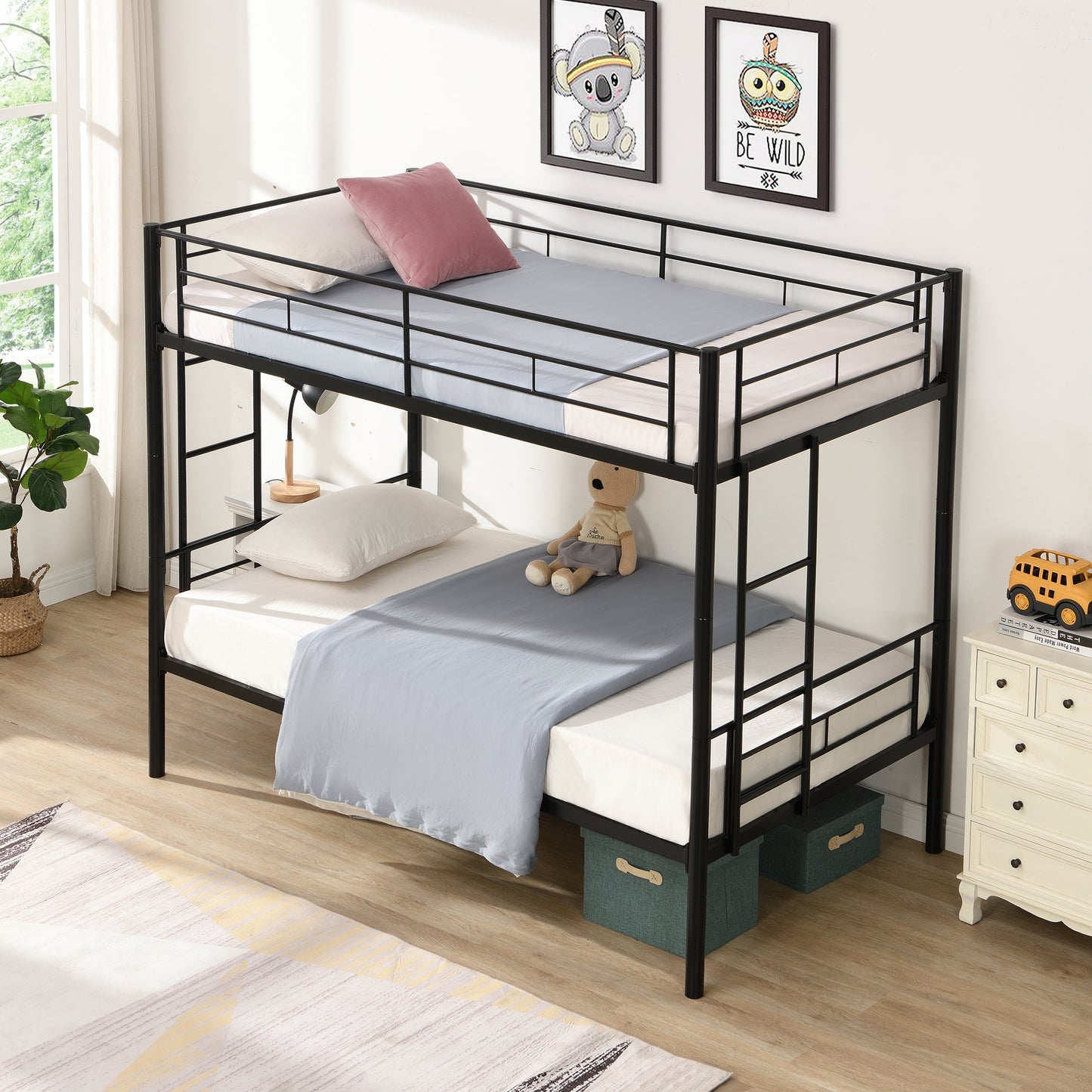 Premium Bunk Bed with Dual Ladders and Guardrail - Black