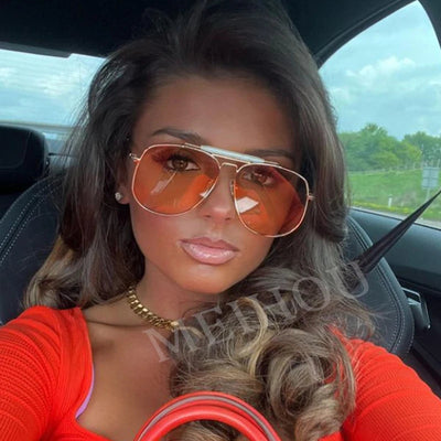 Metal Frame Pilot Sunglasses For Women Double Bridge Champagne Sun Glasses Woman Luxury Square Clear Oversize Shades - Korvel