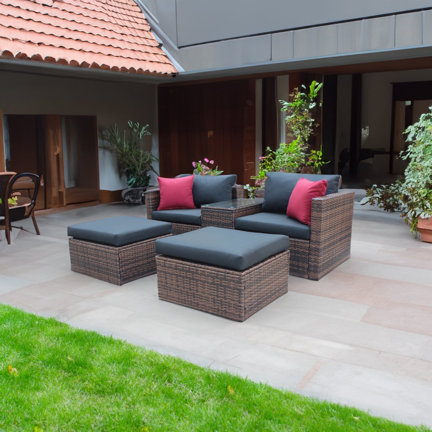5 Pieces Outdoor Patio Garden Brown Wicker Sectional Conversation Sofa Set - Korvel