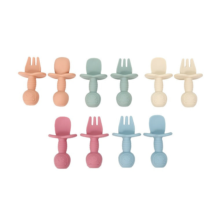 Licking Spoon for Baby Learning to Eat Training Spoon Short Handle Baby Supplementary Food Silicone Soft Spoon Fork Spoon Tableware 2-piece Set - Korvel