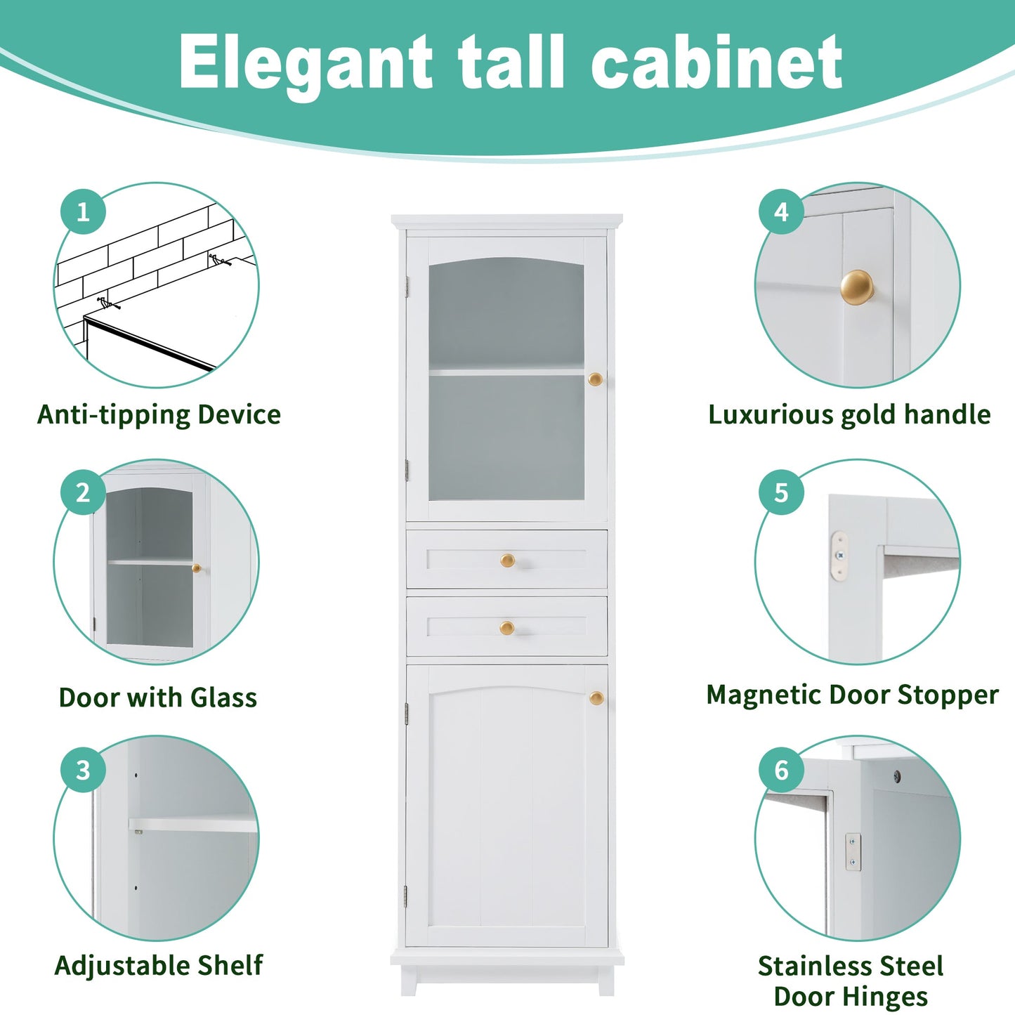 High bathroom storage cabinet with glass door, freestanding, two drawers and adjustable shelves, MDF board, painted white - Korvel