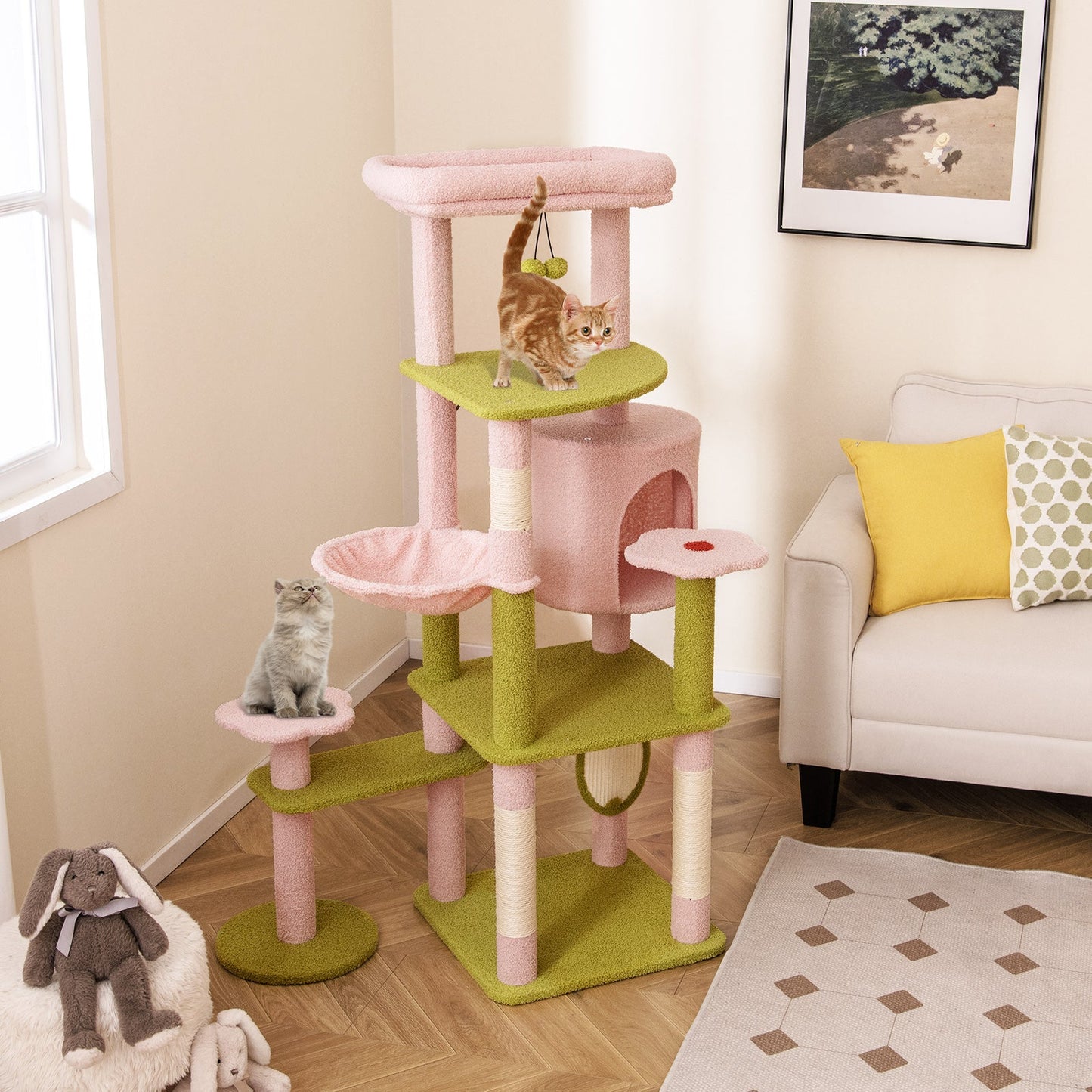 Arbre à chat floral de 58 pouces - Tour multi-niveaux premium en rose