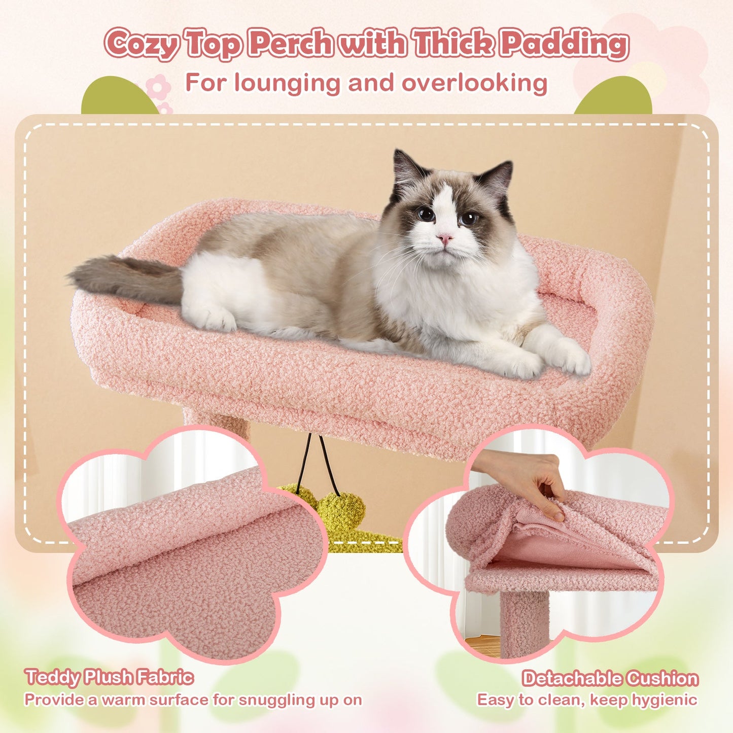 Arbre à chat floral de 58 pouces - Tour multi-niveaux premium en rose