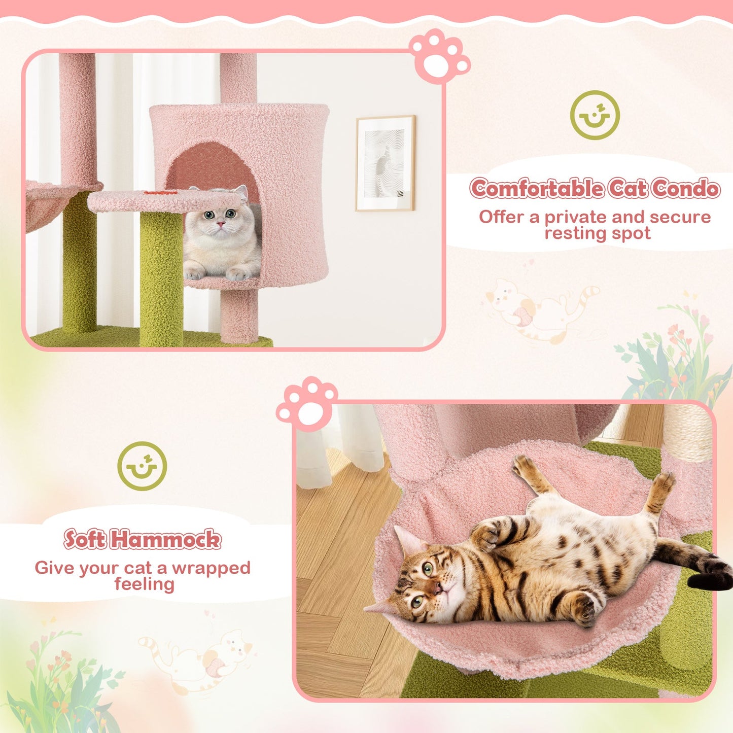 Arbre à chat floral de 58 pouces - Tour multi-niveaux premium en rose