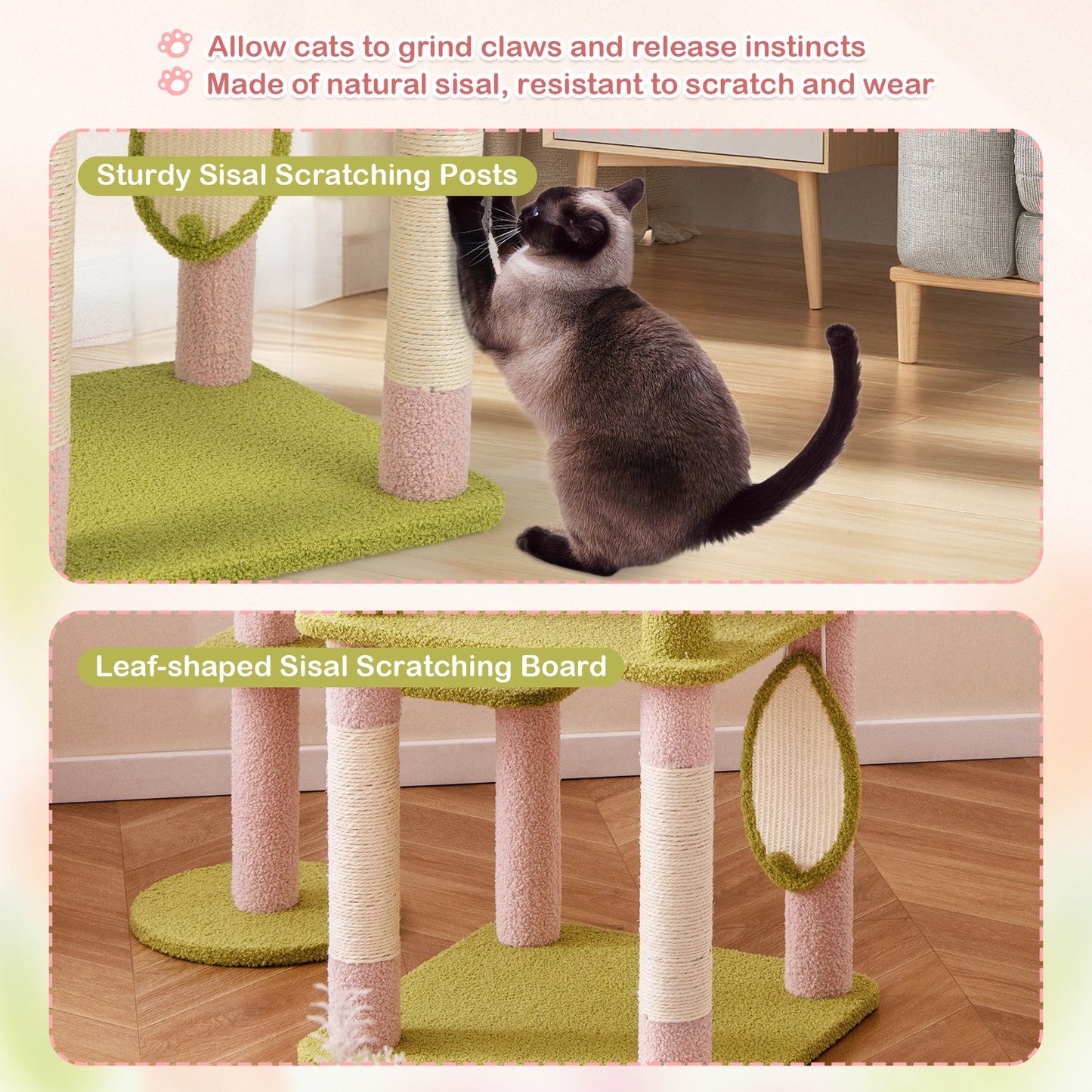 Arbre à chat floral de 58 pouces - Tour multi-niveaux premium en rose