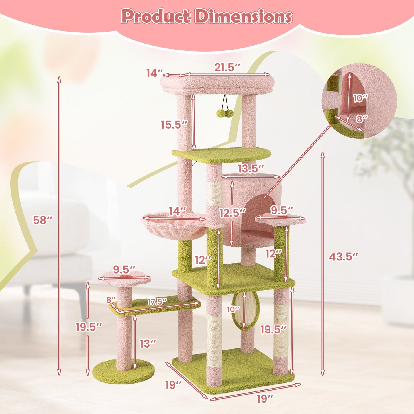 Arbre à chat floral de 58 pouces - Tour multi-niveaux premium en rose