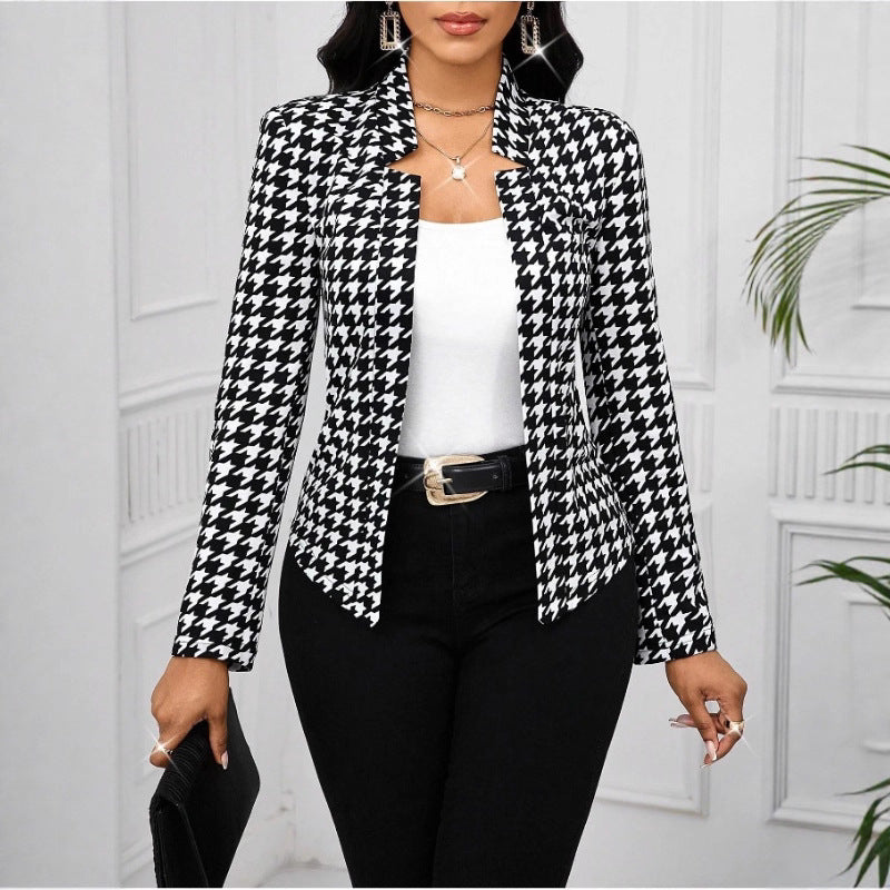 Blazer Houndstooth Automne Hiver Cardigan Long Manches