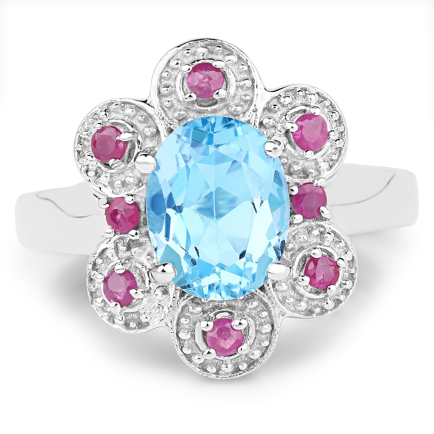 2.28 Carat Swiss Blue Topaz & Ruby Sterling Silver Ring