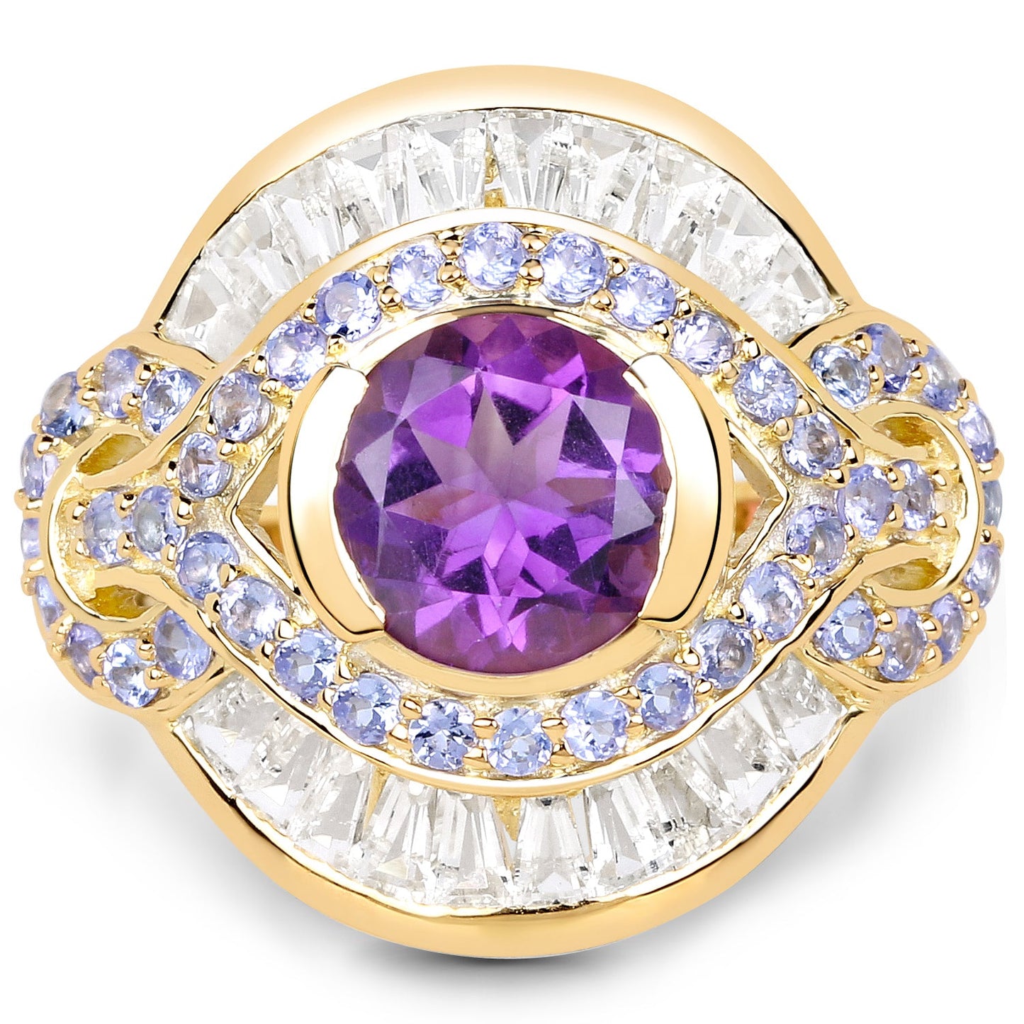 Bague Cocktail en Or Jaune 14K Plaqué Améthyste et Tanzanite