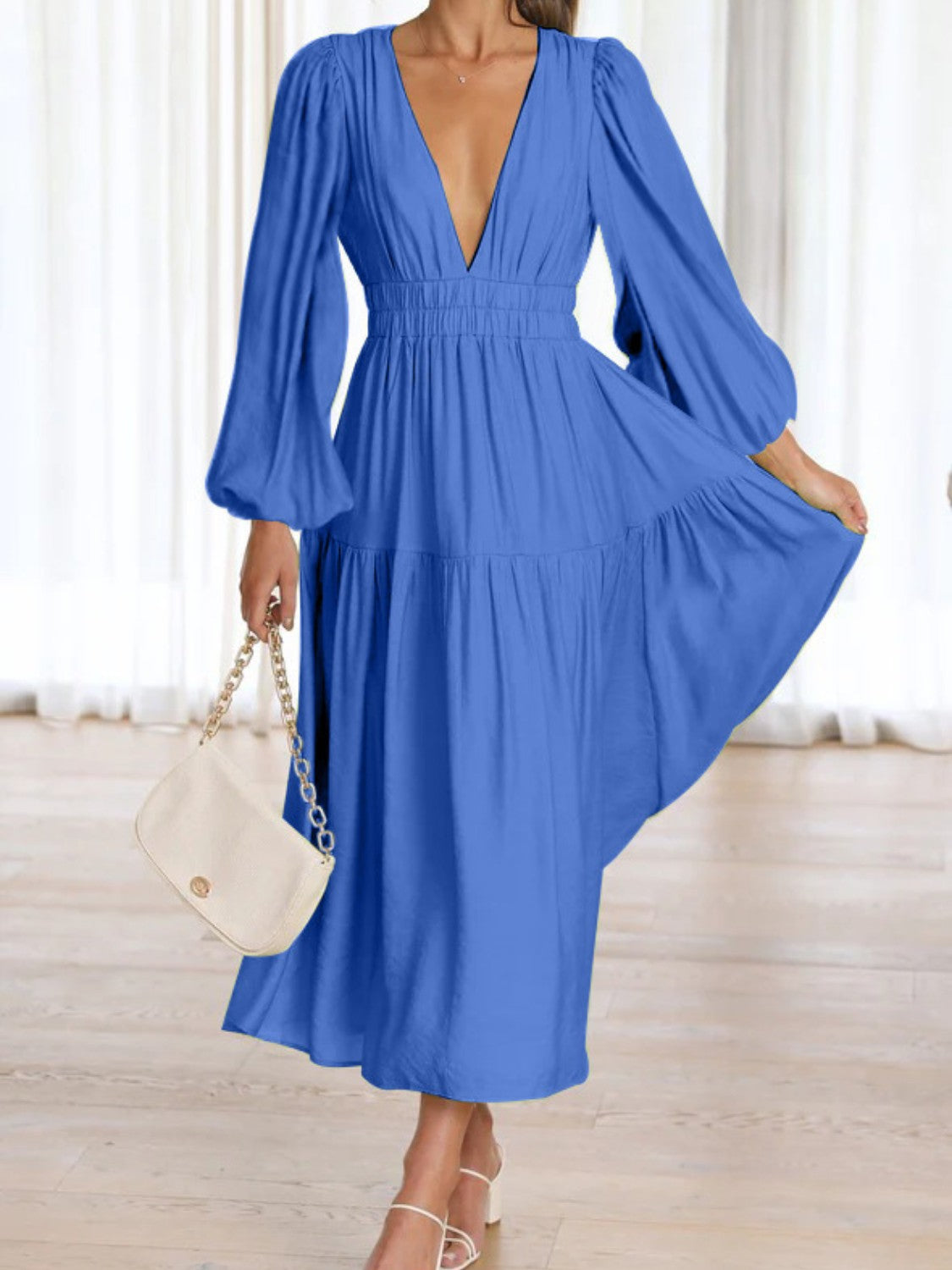 Elegant Lightweight Deep V-Neck Balloon Sleeve Maxi Dress