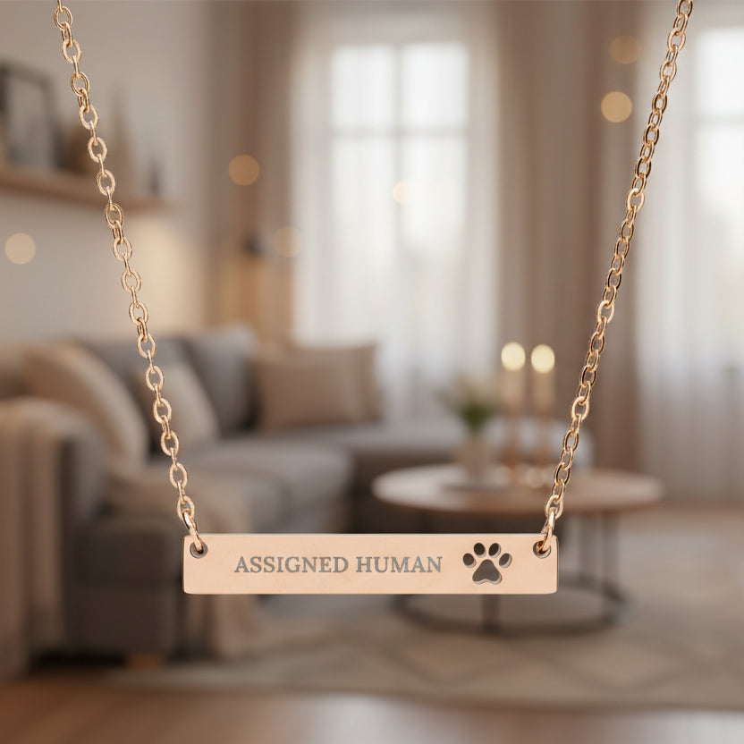 Assigned Human Bar Necklace | Engraved Cat Love Jewelry
