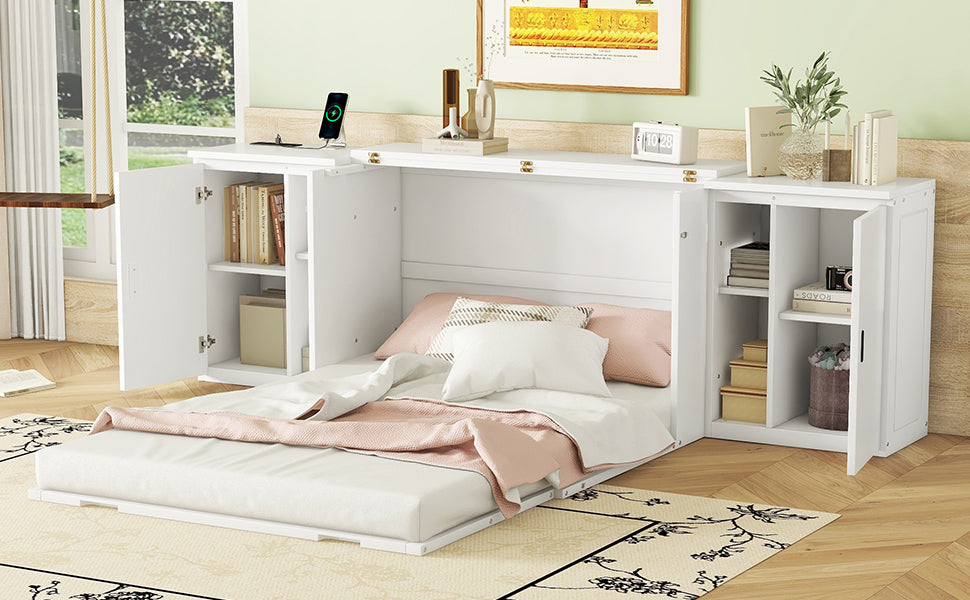 Full Size Murphy Bed with Shelves and USB Ports - White