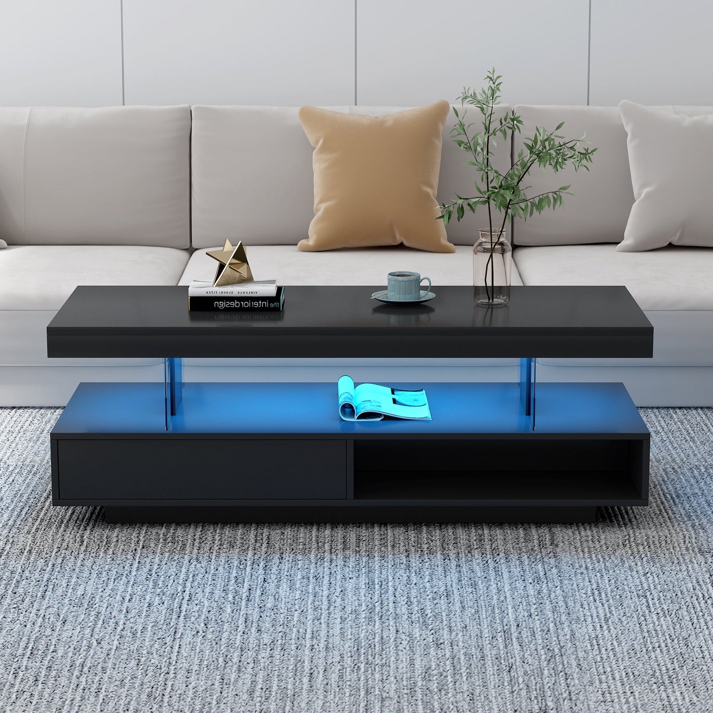 U-Can LED coffee table with storage space, modern central table with 2 drawers and display rack, equipped with LED lights, black - Korvel