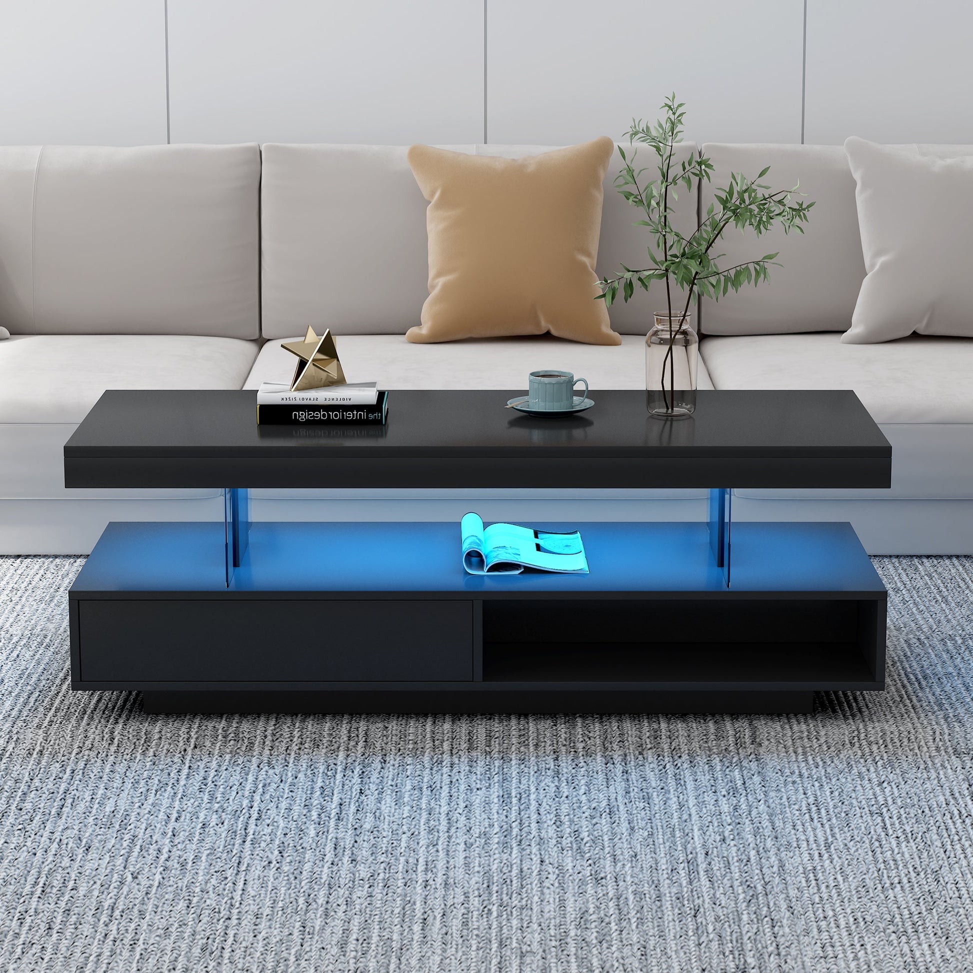 U-Can LED coffee table with storage space, modern central table with 2 drawers and display rack, equipped with LED lights, black - Korvel