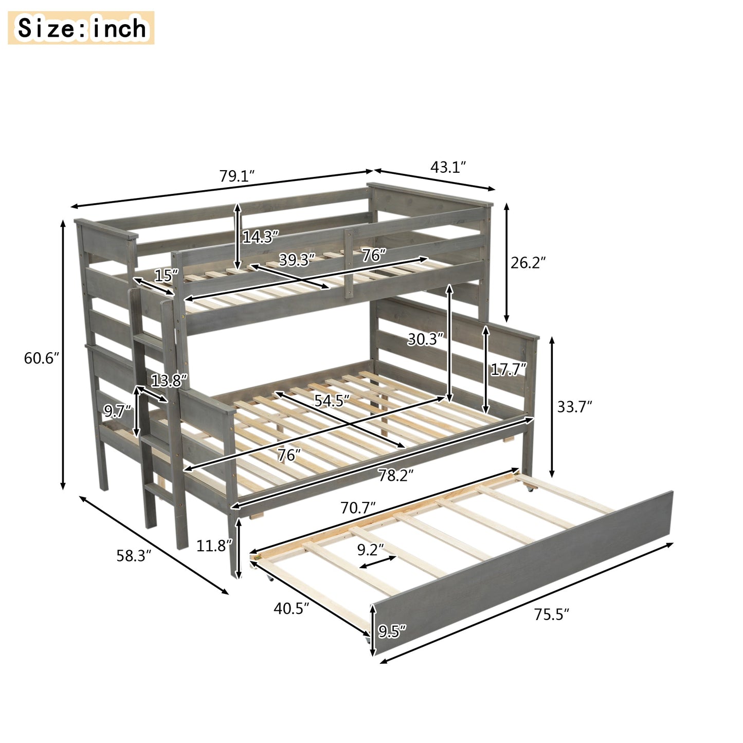 Wood Twin over Full Bunk Bed with Trundle - Gray