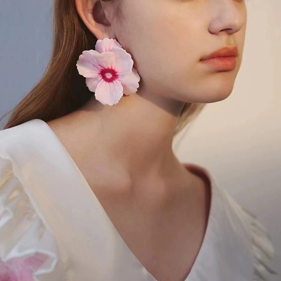 Metal Pink Drops Glaze Enamel Flower Earrings for Women Girl European and American Personality Exaggerated Romantic Jewelry Gift - Korvel
