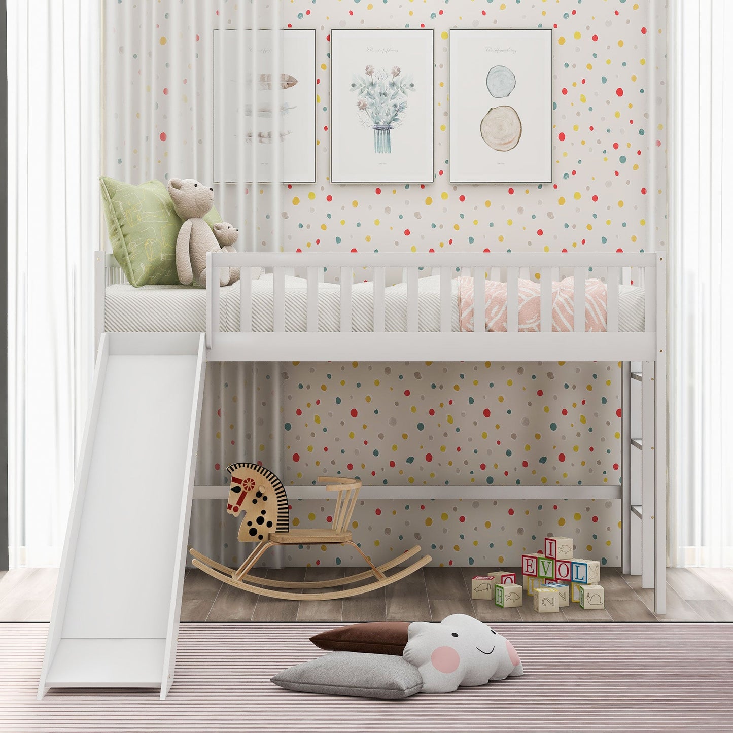 Twin Size Low Loft Bed with Ladder and Slide White - Korvel