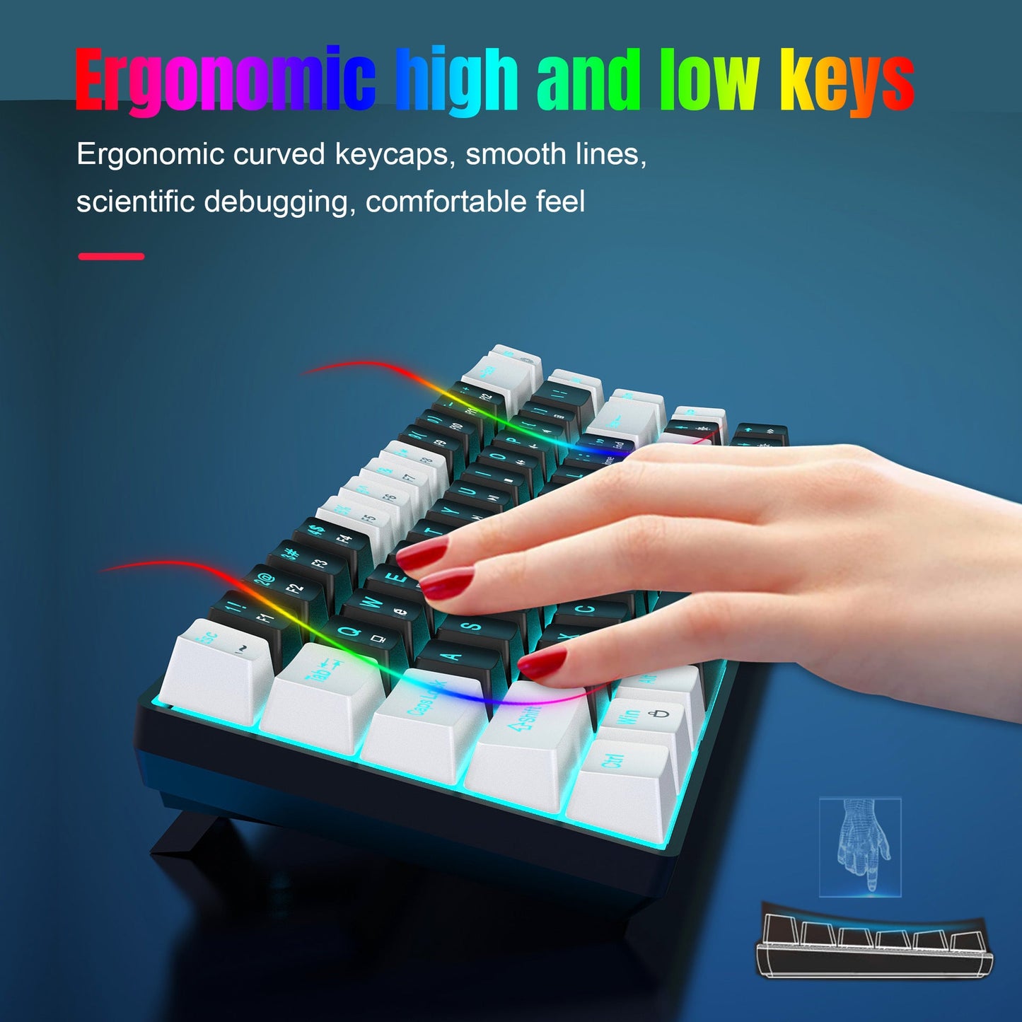 68 keys, 60% keyboard, customized color blocked keycaps, RGB mechanical keyboard, MINI set, plug-in blue axis ice blue disc - Korvel