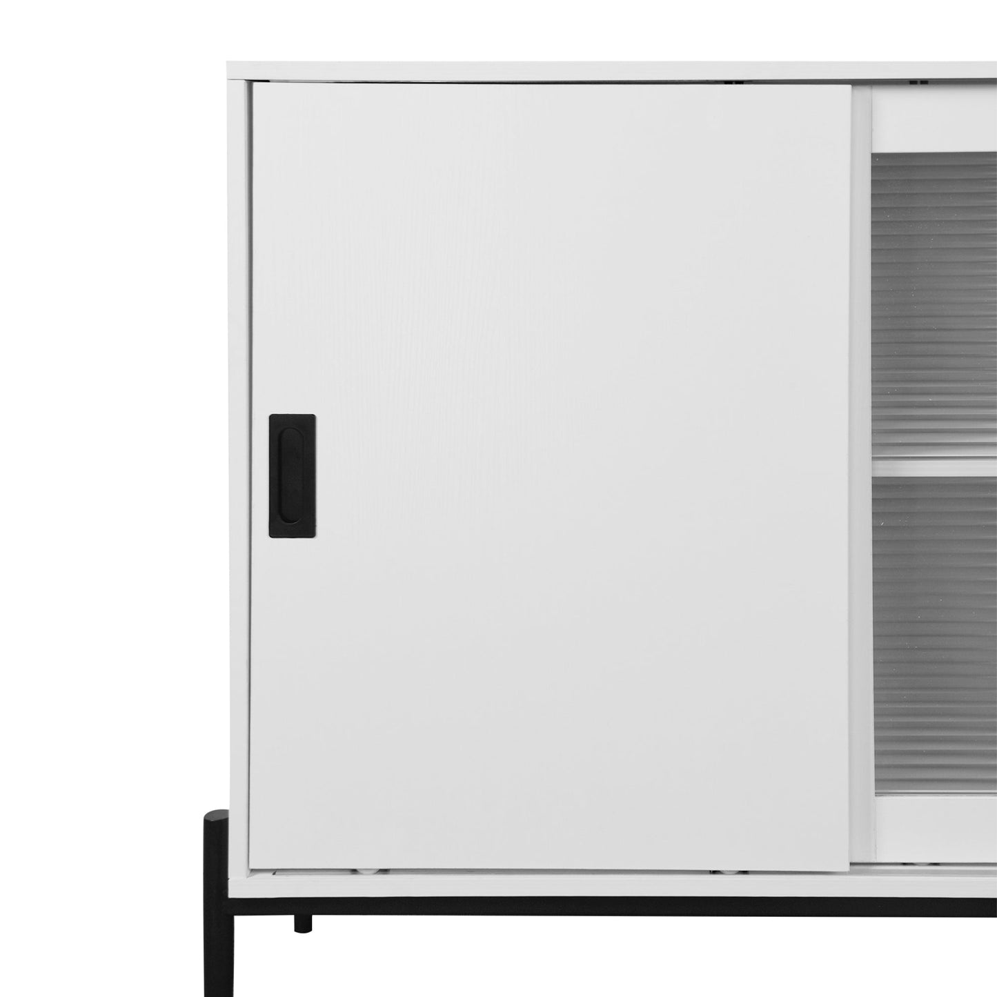 Modern characteristic storage cabinet side panel with glass sliding door and 3 drawers, dining table cabinet in white color - Korvel