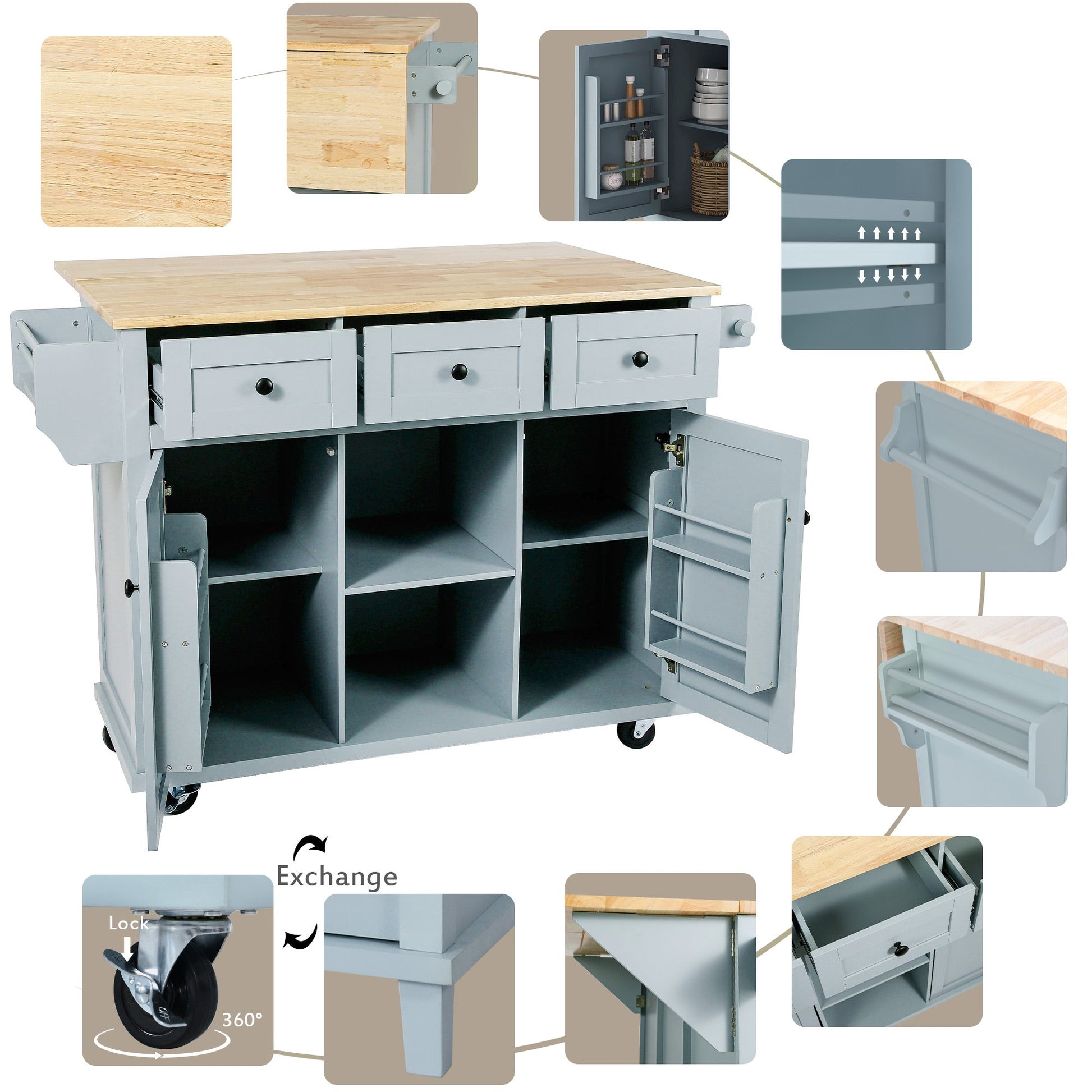 Kitchen handcart with rubber wood leaf countertop, storage cabinet, shelf, and 3 dining room drawers, gray blue - Korvel