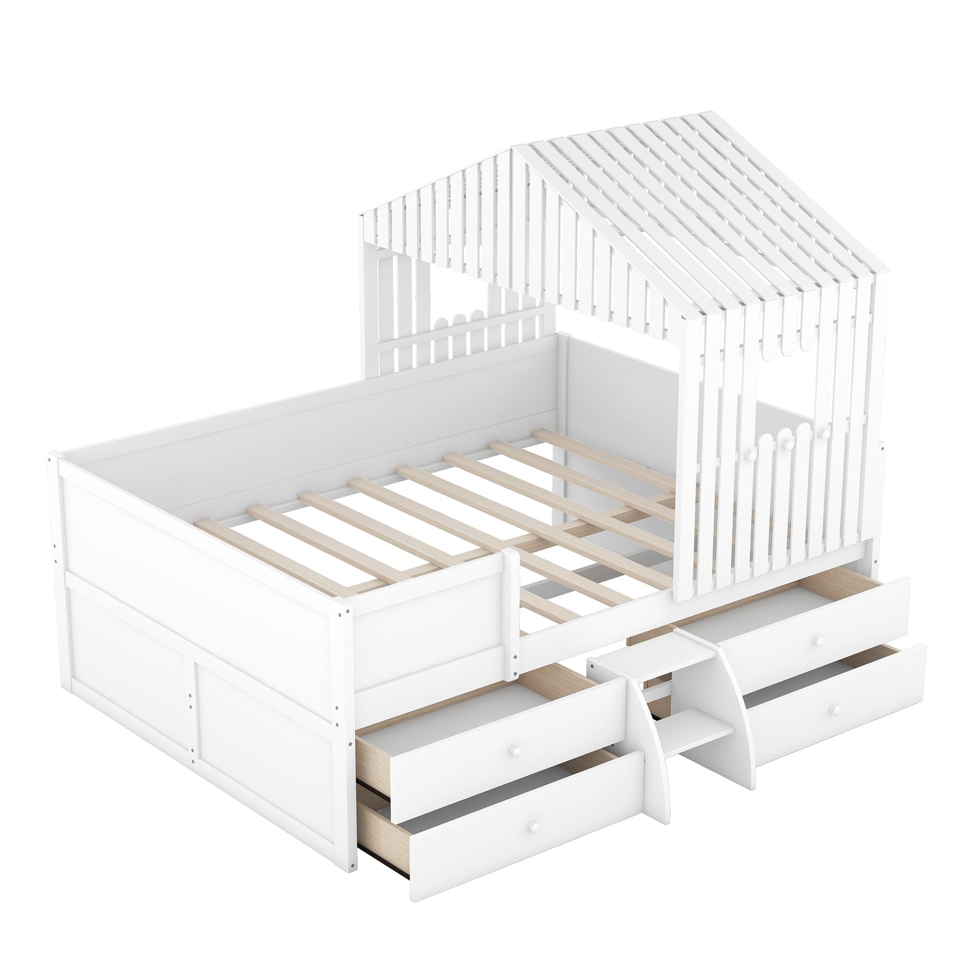 Full Size House Low Loft Bed with Four Drawers,White - Korvel