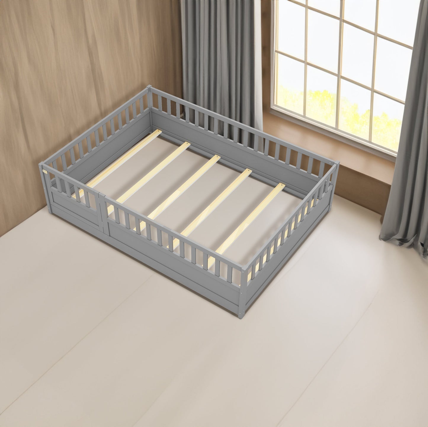 Full size floor bed, children's floor bed frame, Montessori wood floor bed, support Flat noodles gray - Korvel