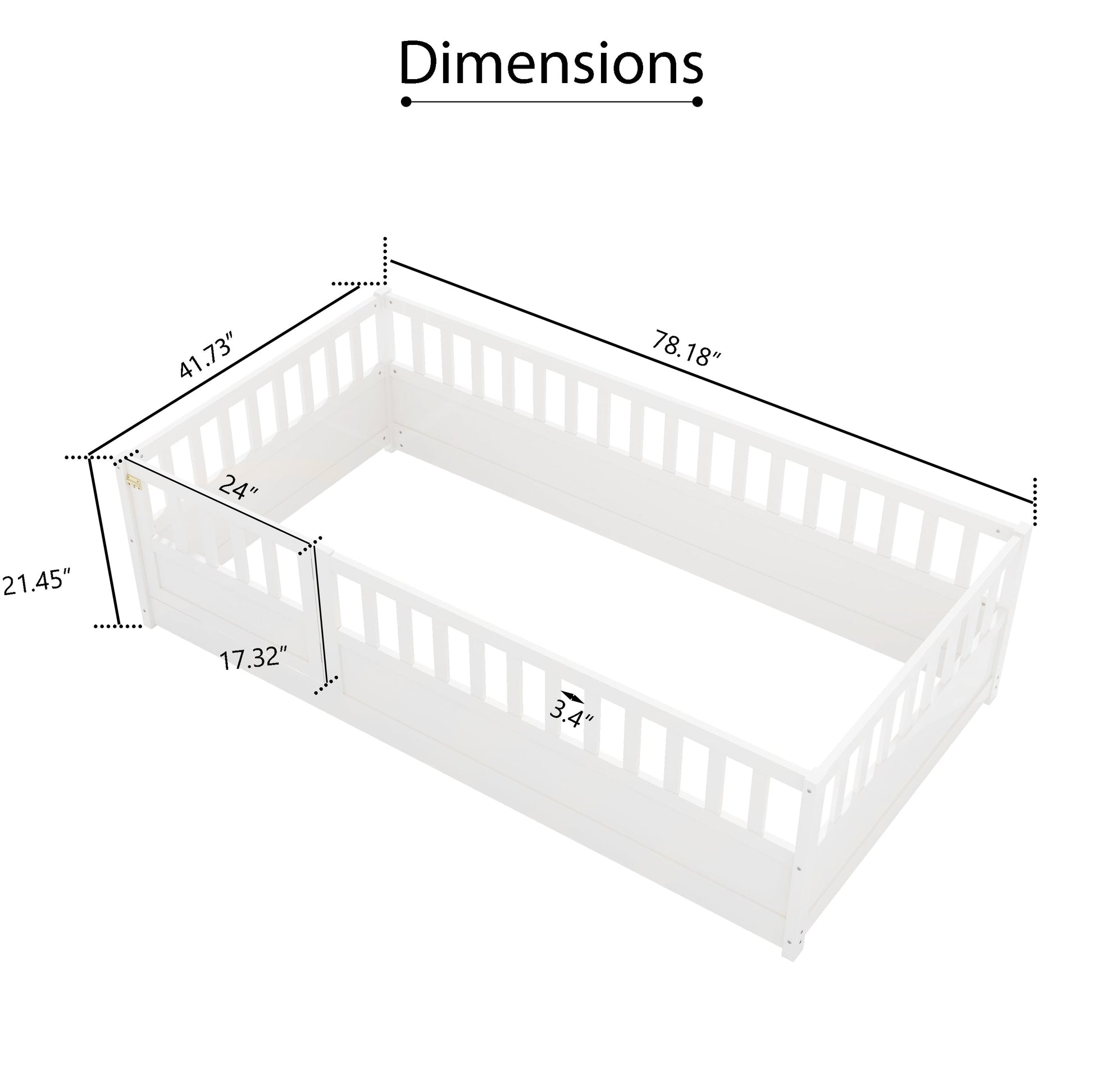 Double bed floor standing bed with ultra-high safety barrier, children's floor standing bed frame, Montessori wooden white - Korvel