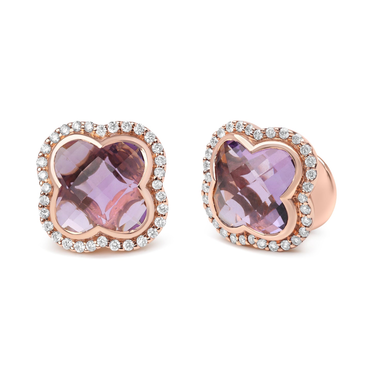 Pendientes de Stud Halo de Amatista Cortada en Trébol de Oro Rosa de 18K