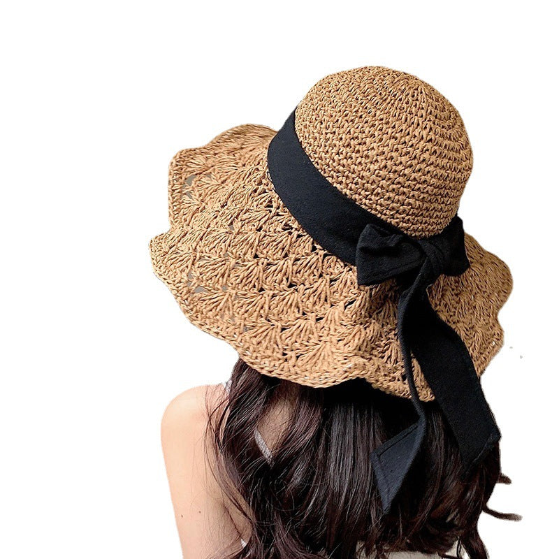 Sombrero de paja con cordones para mujer - Accesorio de playa plegable