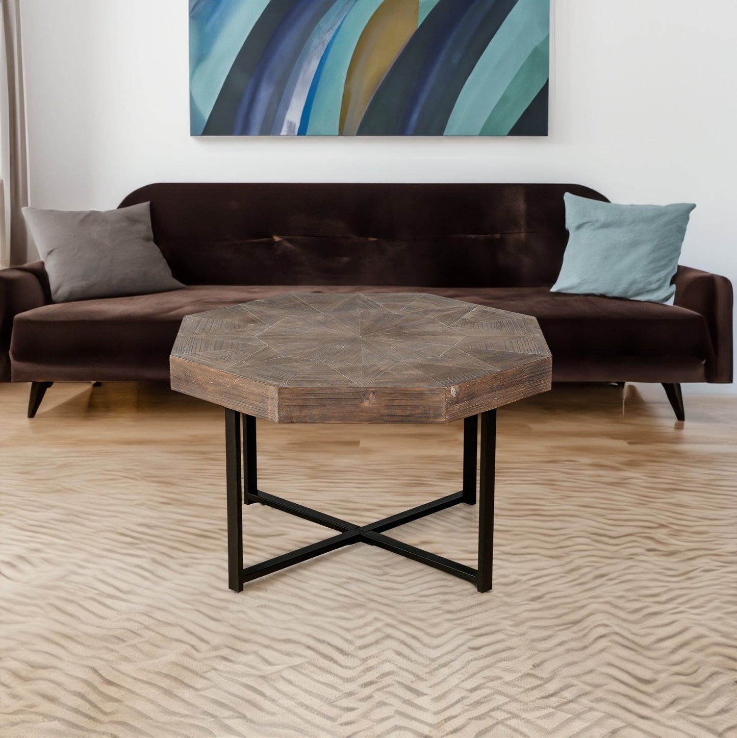 Mesa de café octagonal de madera marrón antigua con patas de metal