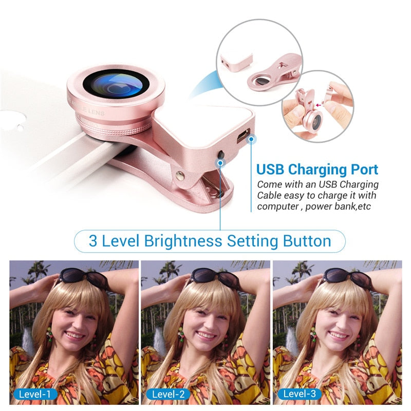 3 in 1 Phone Lens, LED Flish Light Lens For iphone SE X 8 7 6 6S Fish Eye Lens 0.4-0.6X Wide Angle+10X Macro Clip-on Lens - Korvel