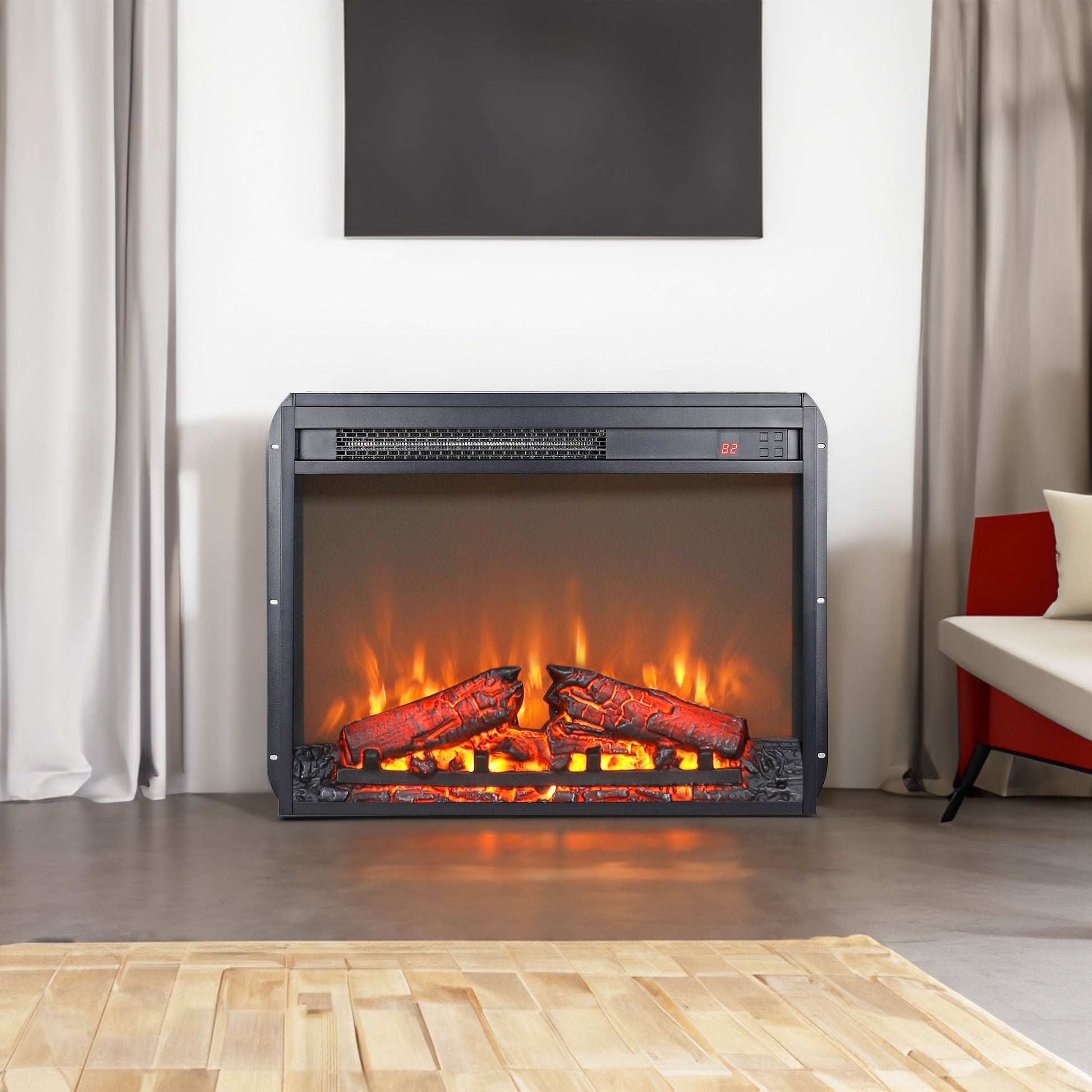 23 inch electric fireplace insert ultra thin heater with log set & realistic flame remote control - Korvel