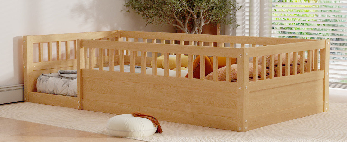 Twin Floor Bed Frame with Fence, Wood Kids Floor Beds Frame for Bedroom Playroom,Natural - Korvel
