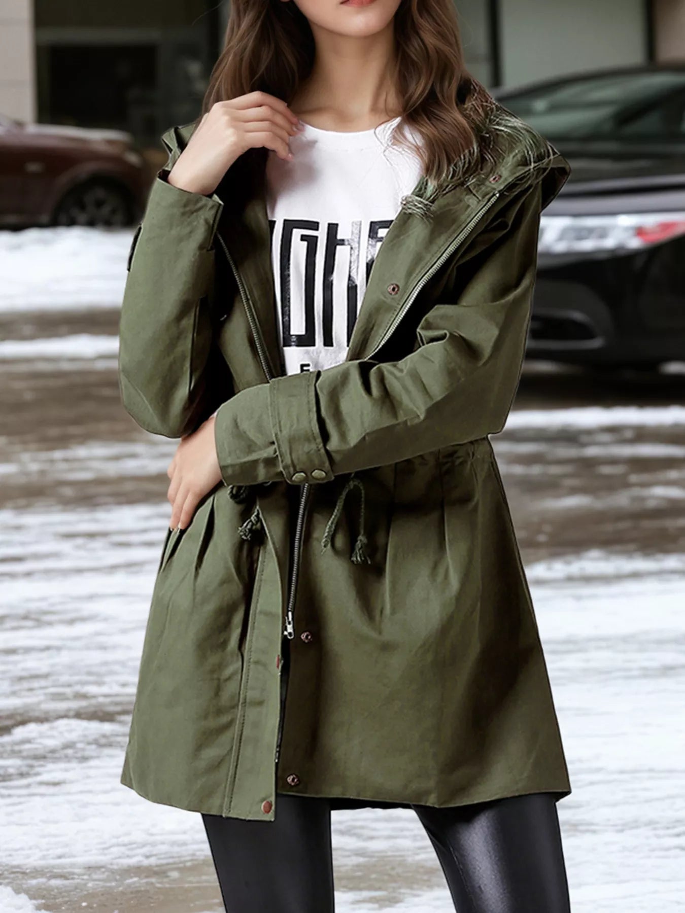 Manteau Trench à Capuche Grande Taille avec Cordon de Serrage