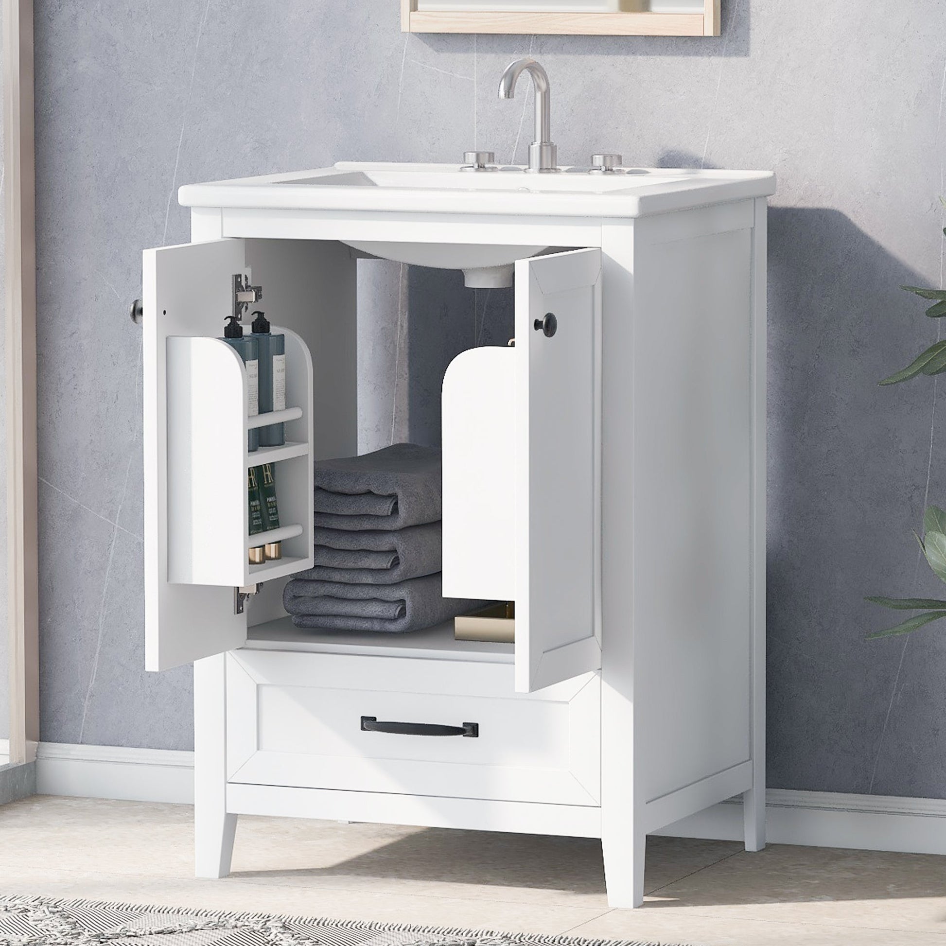 24" Bathroom Vanity with Sink, Bathroom Vanity Cabinet with One Drawer and Doors, Solid Wood and MDF, White - Korvel