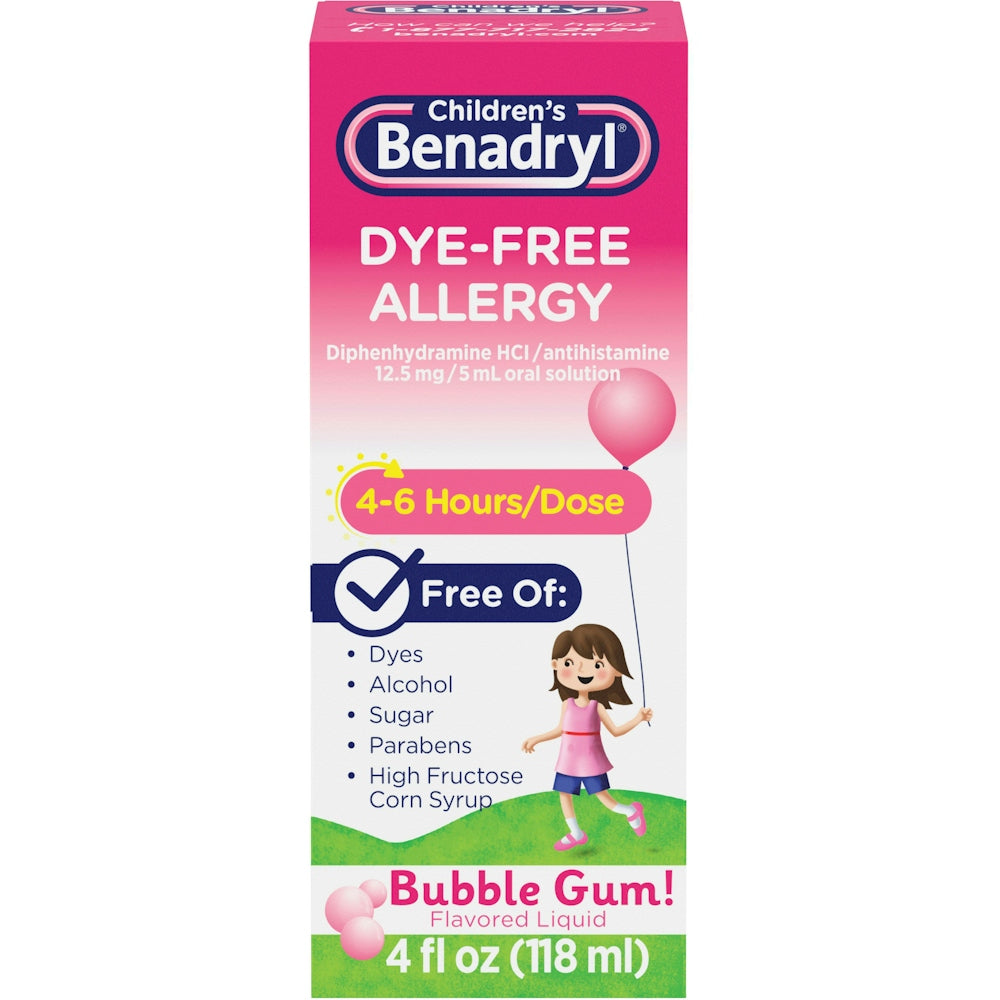 Benadryl Allergy Liquid, sans teinture, saveur de bubble gum - 4 fl oz