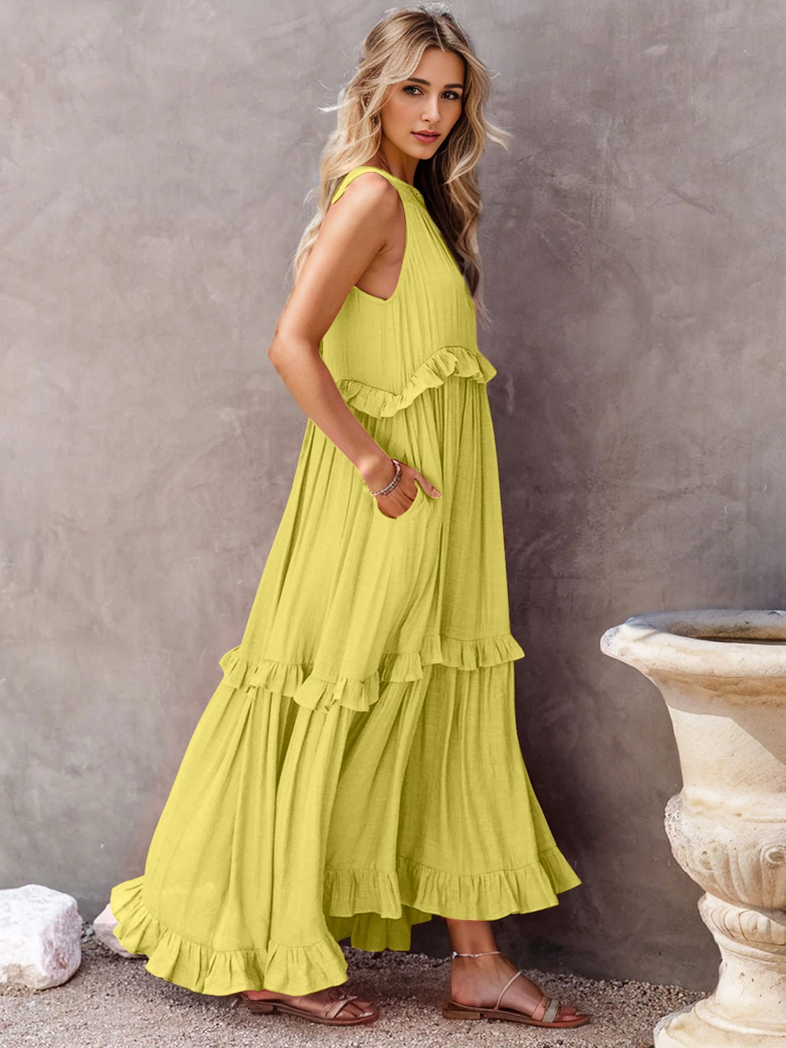 Elegant Ruffled Sleeveless Tiered Maxi Dress with Pockets