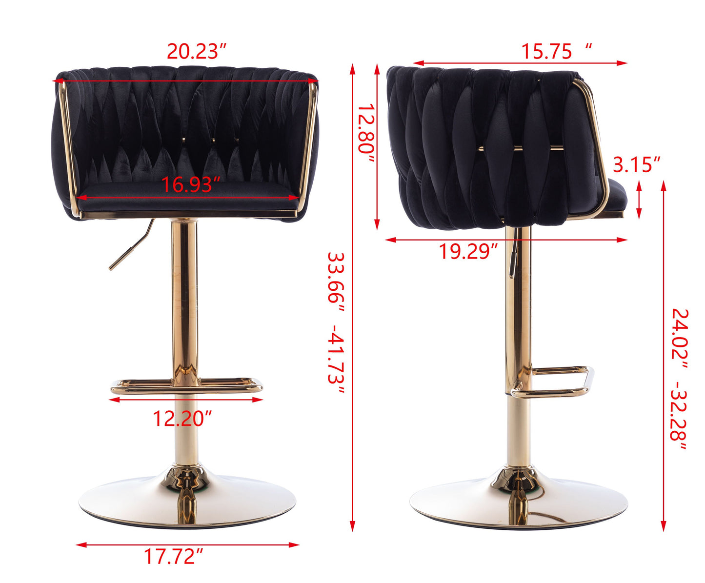 Set of 2 Adjustable Bar Stools with Chrome Footrest - Black Velvet