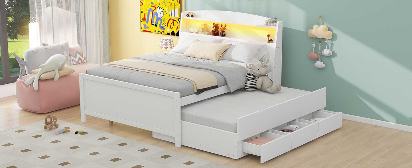 Full Size Platform Bed with Storage LED Headboard  Twin Size Trundle and 3 Drawers White - Korvel