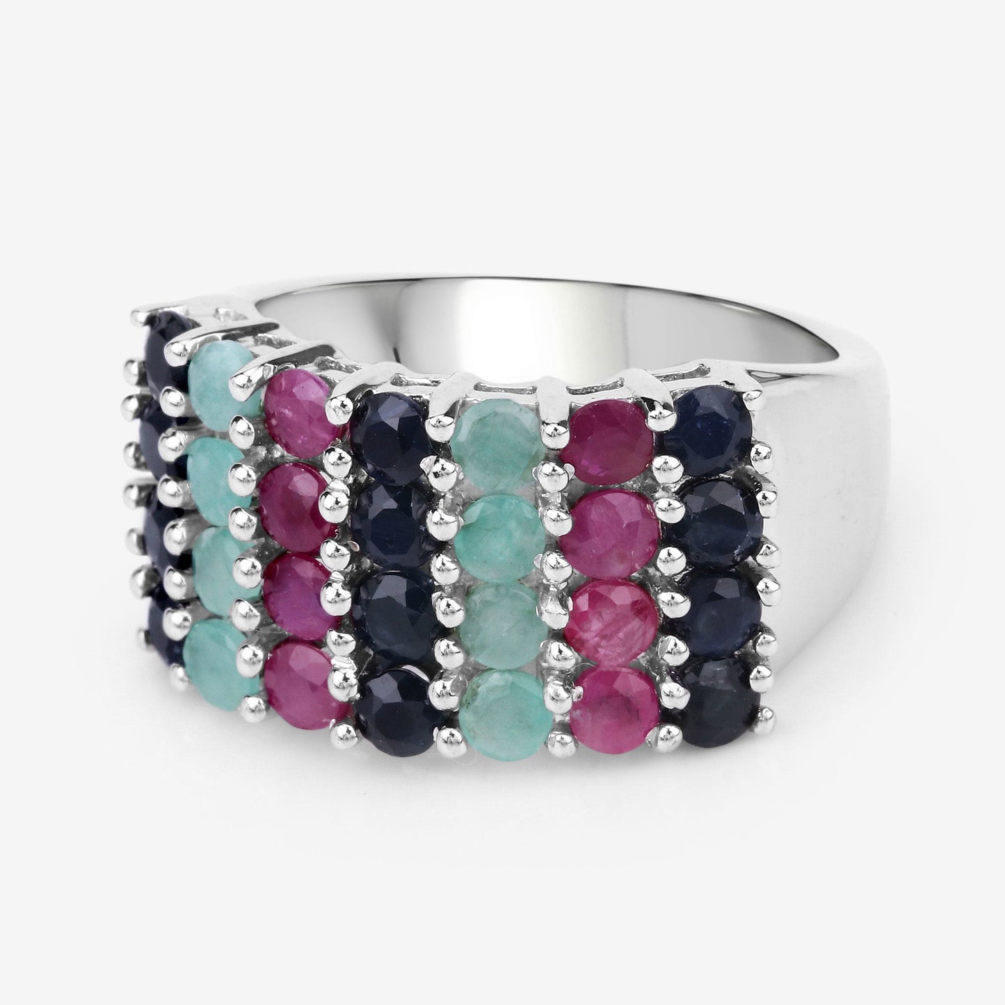 3.40 Carat Emerald, Ruby & Black Sapphire Sterling Silver Ring