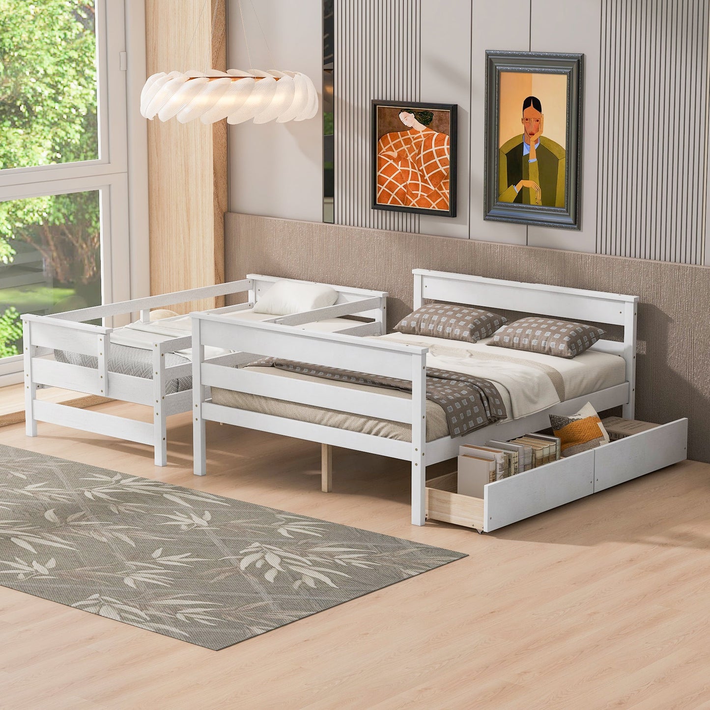Wood Twin over Full Bunk Bed with 2 Drawers  White - Korvel