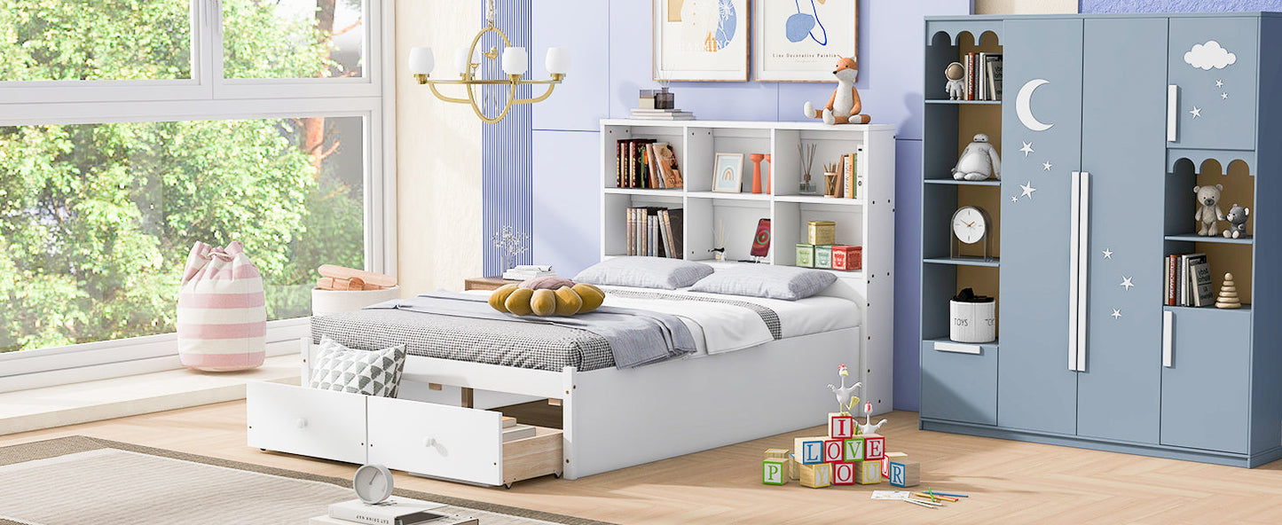Full Size Platform Bed with Storage Headboard, Charging Station and 2 Drawers White - Korvel