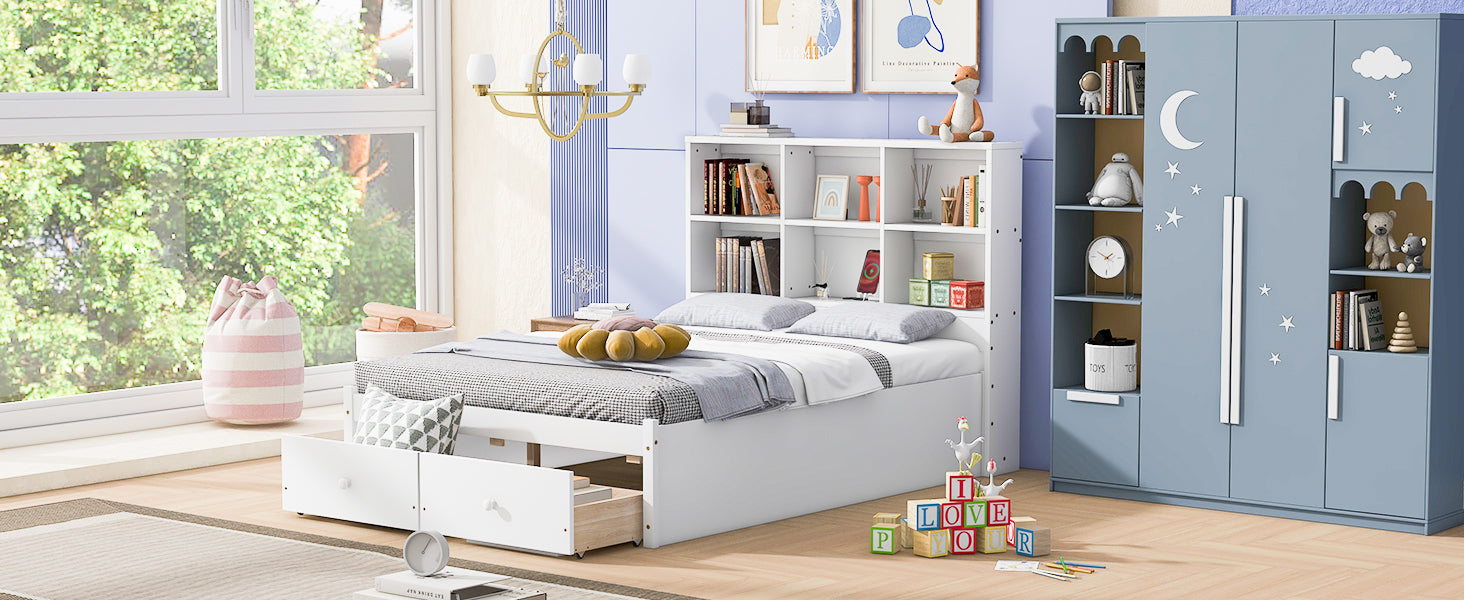 Full Size Platform Bed with Storage Headboard, Charging Station and 2 Drawers White - Korvel