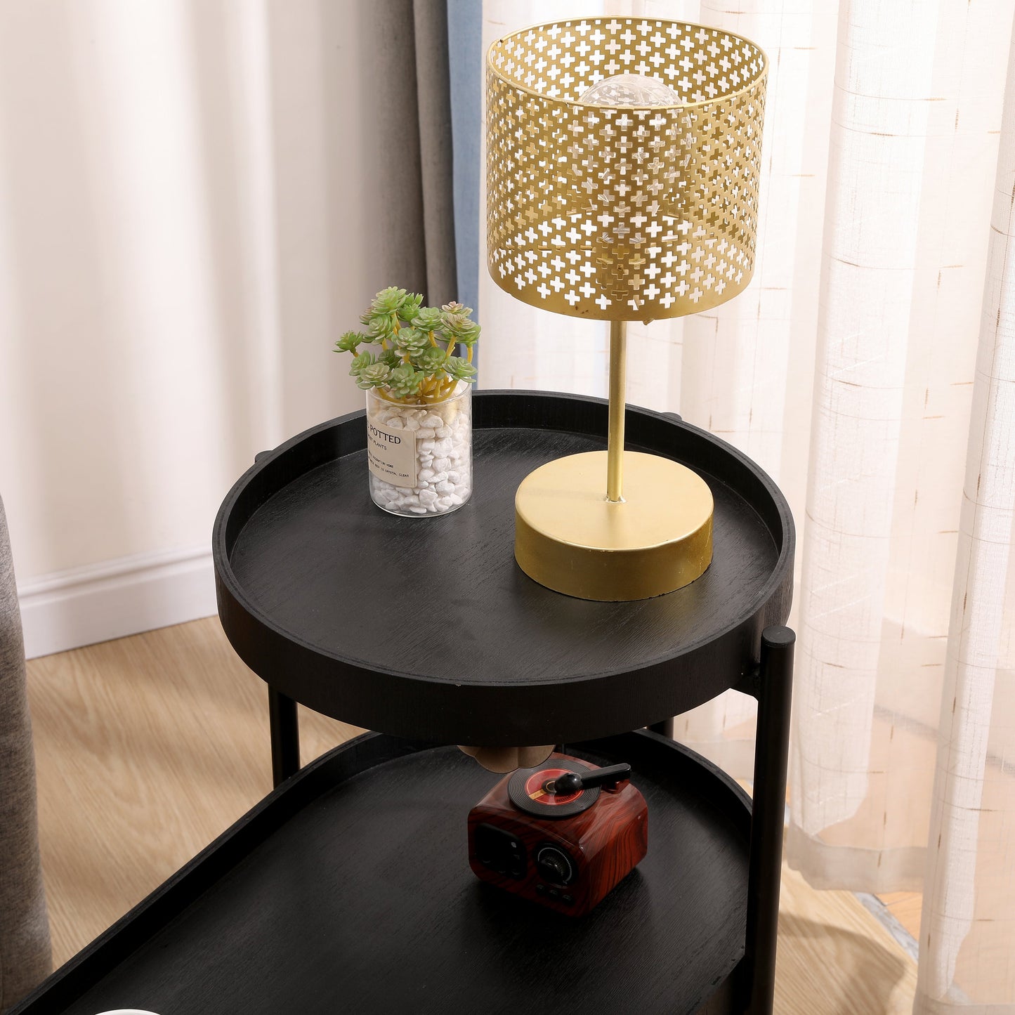 2-Tier Black Side Table with Storage Sofa Table for Living Room Metal Frame & Wooden Desk End Table - Korvel