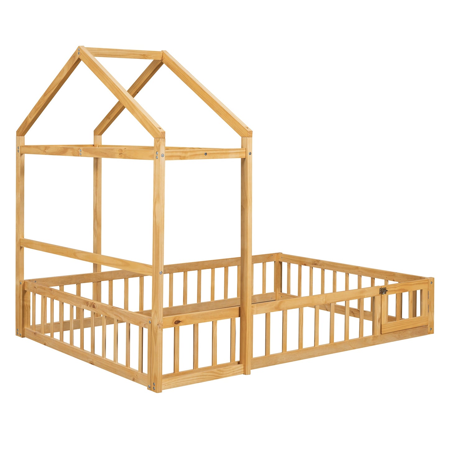 Wooden Full Size Children's Bed with Detachable Headboard and Integrated Clothes Drying Rack, Natural - Korvel