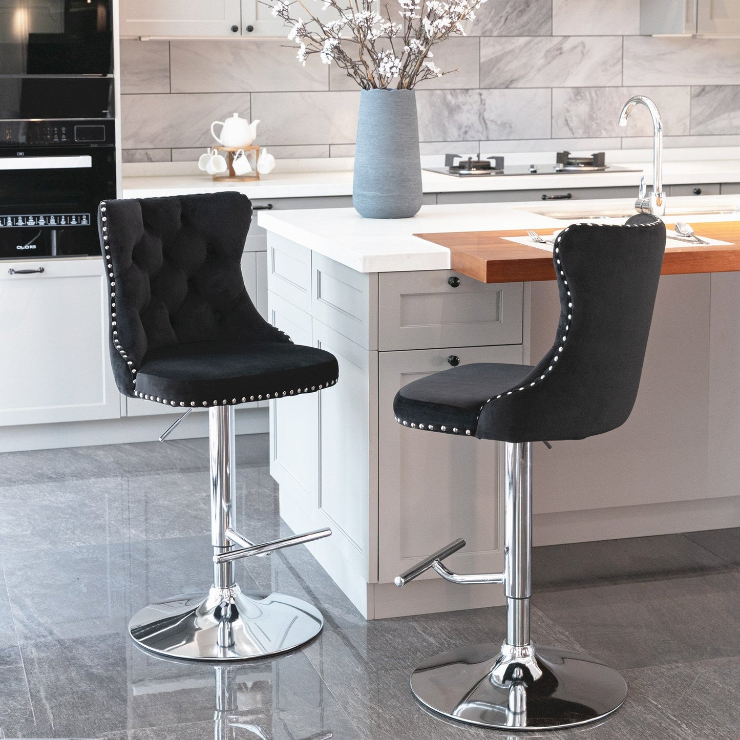 25-33 Inch, Modern Upholstered Chrome base Bar Stools with Back Comfortable Tufted for Home Pub and Kitchen Island（Black,Set of - Korvel