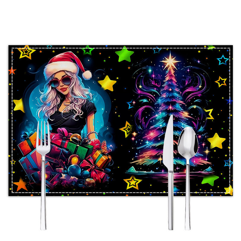 Christmas table mat with white linen starry sky and Santa Claus print - Korvel