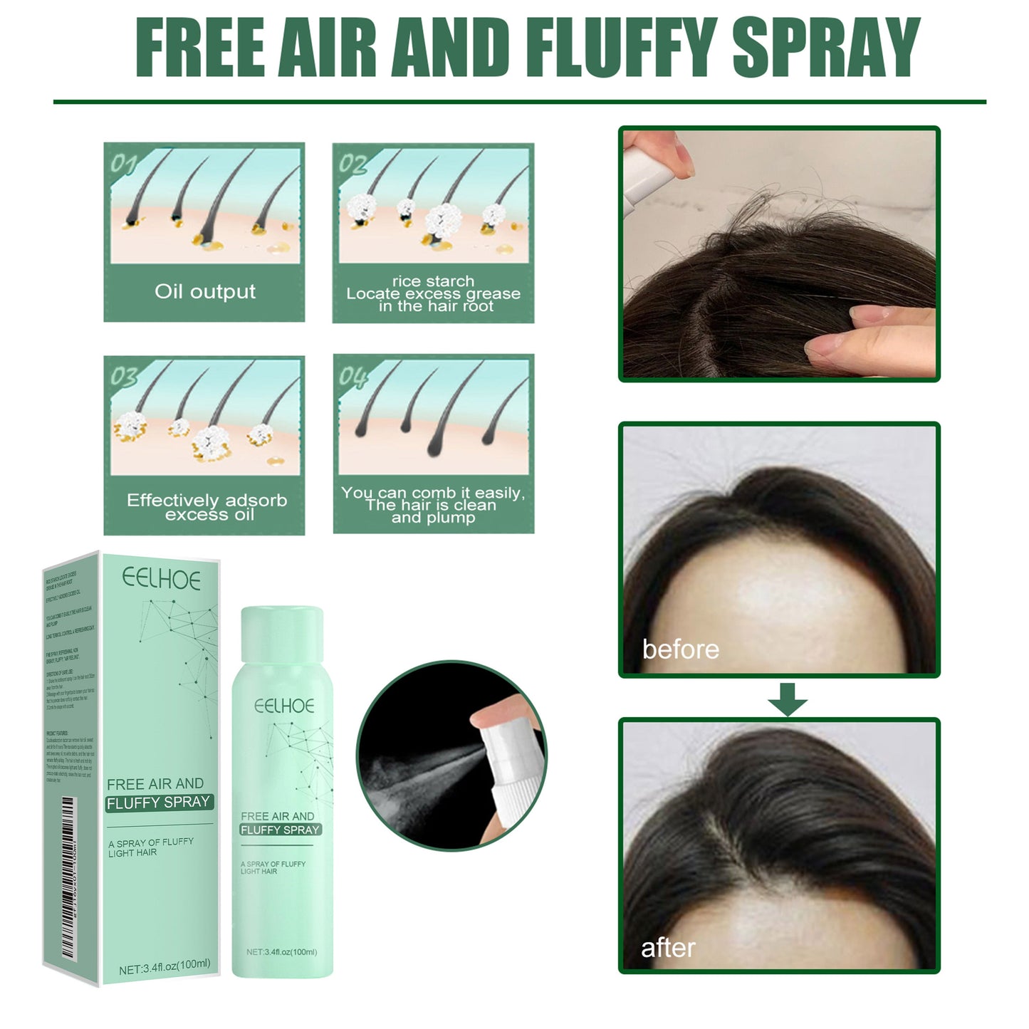No-Wash Dry Hair Spray, Air Fluffiness Remove Oil Dry And Cool Shampoo-free Dry Hair Agent - Korvel